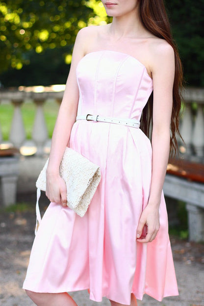 A-line Strapless Knee Length Chiffon Belt Bridesmaid Dress