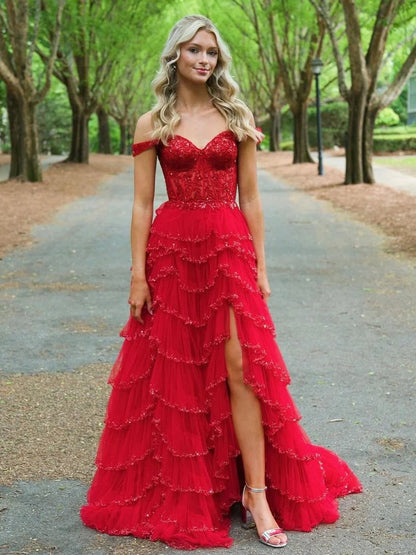 Scout | A-Line Sweetheart Champagne Tulle Prom Dresses with Appliques