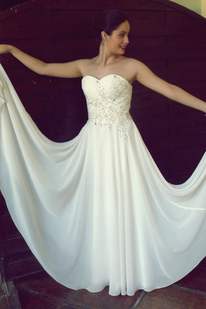 A-line Sweetheart Floor Length Chiffon Beaded Wedding Dress