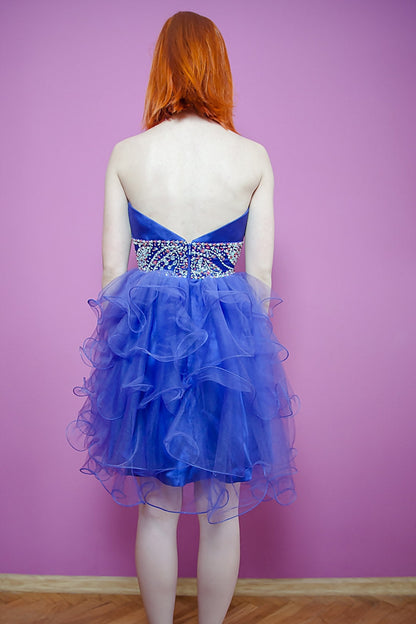 A-line Sweetheart Knee Length Tulle Beaded Backless Homecoming Dress