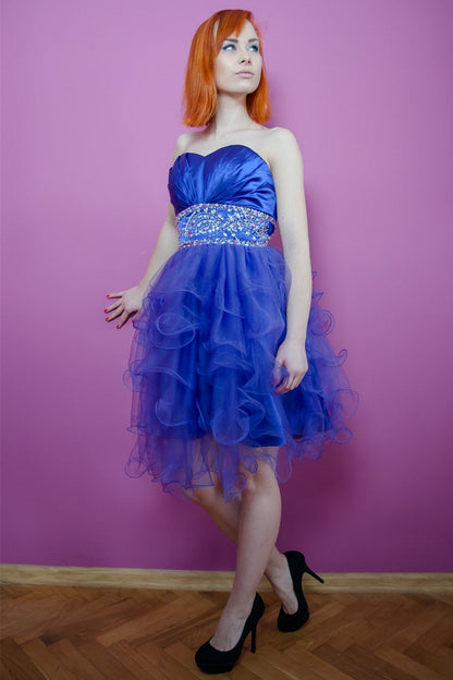 A-line Sweetheart Knee Length Tulle Beaded Backless Homecoming Dress