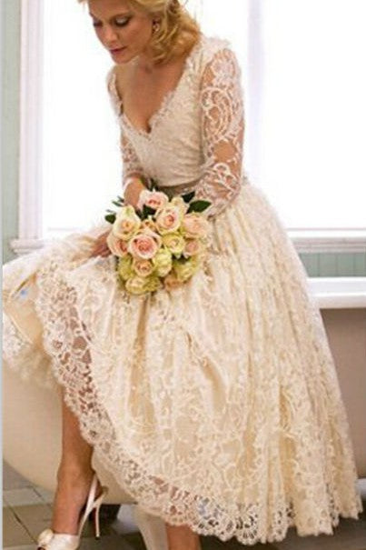 A Line V Neck 3/4 Long Sleeves Lace Wedding Dress New Arrival Tea Length Plus Size Bridal Gown