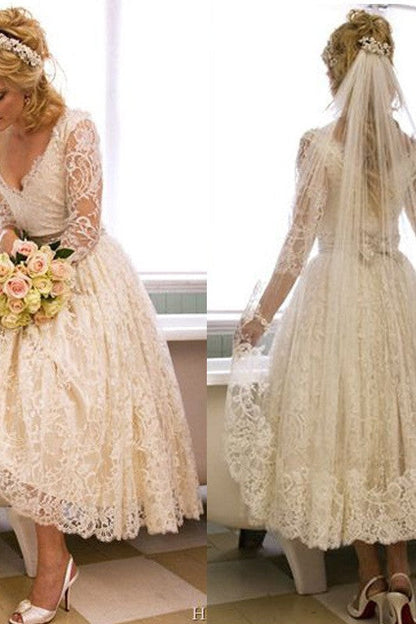 A Line V Neck 3/4 Long Sleeves Lace Wedding Dress New Arrival Tea Length Plus Size Bridal Gown