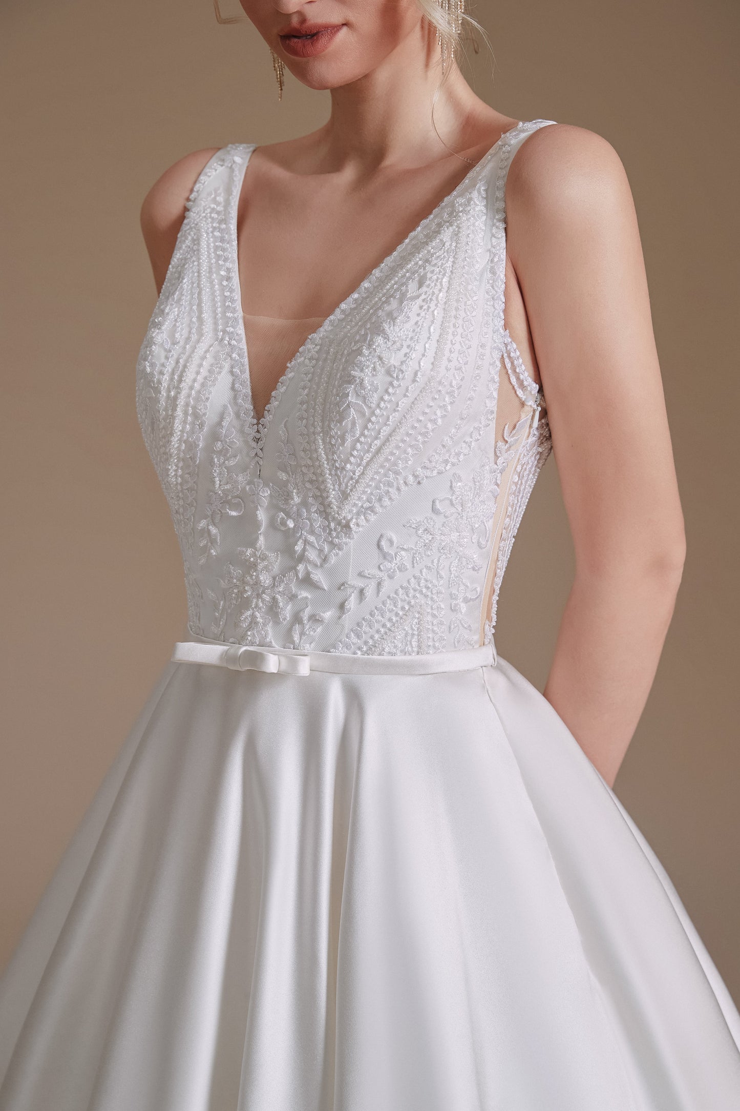 A Line V Neck Floor Length Applique Wedding Dress | Ballbella Design