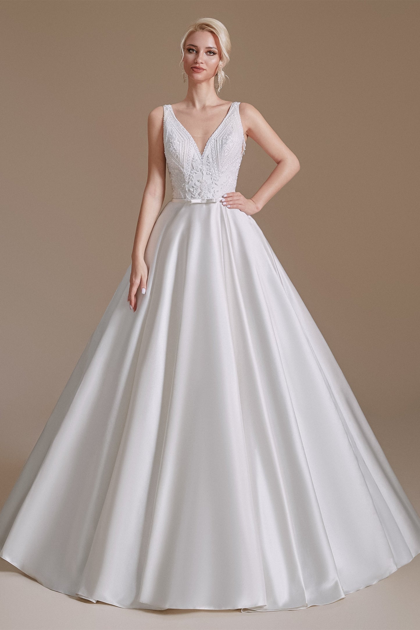 A Line V Neck Floor Length Applique Wedding Dress | Ballbella Design