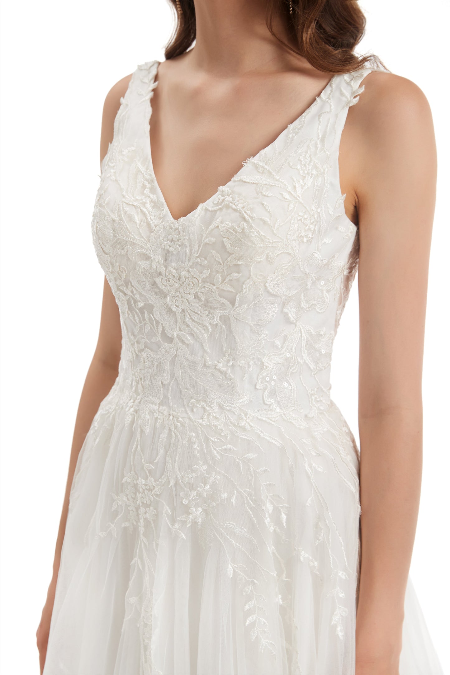 A-line V-neck Floor-length Sleeveless Backless Appliques Lace Wedding Dress