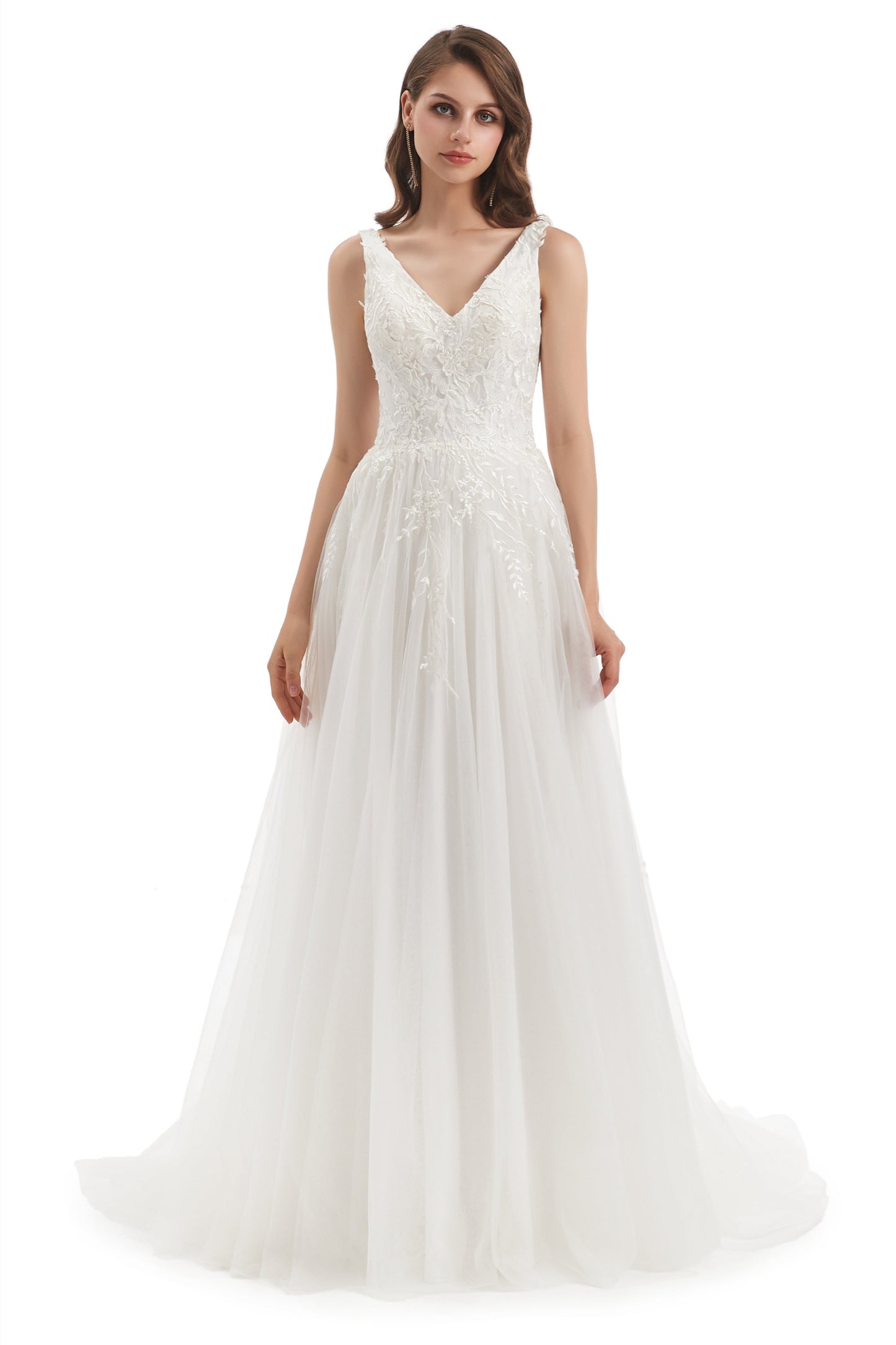 A-line V-neck Floor-length Sleeveless Backless Appliques Lace Wedding Dress