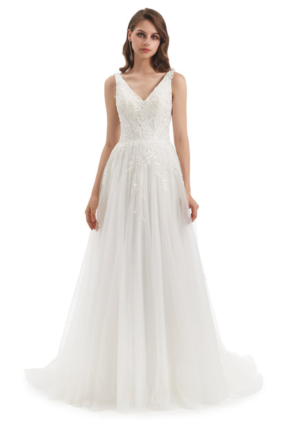 A-line V-neck Floor-length Sleeveless Backless Appliques Lace Wedding Dress