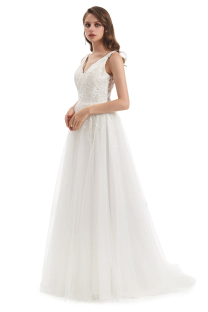 A-line V-neck Floor-length Sleeveless Backless Appliques Lace Wedding Dress