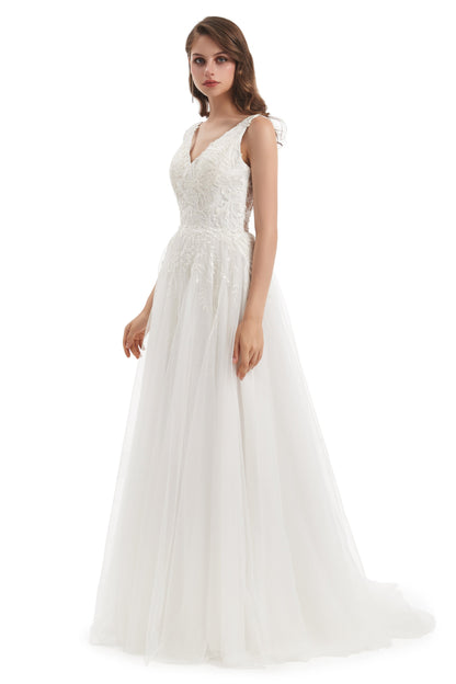 A-line V-neck Floor-length Sleeveless Backless Appliques Lace Wedding Dress