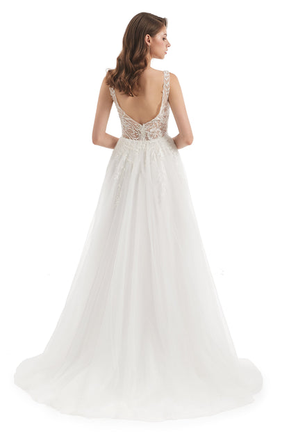 A-line V-neck Floor-length Sleeveless Backless Appliques Lace Wedding Dress