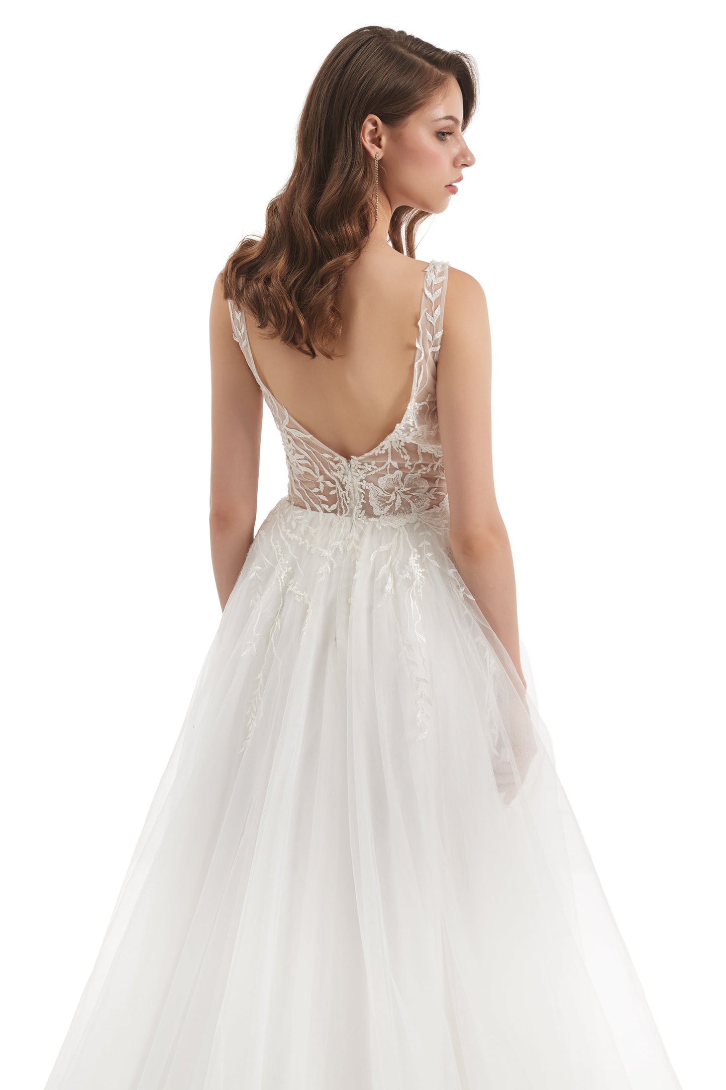 A-line V-neck Floor-length Sleeveless Backless Appliques Lace Wedding Dress