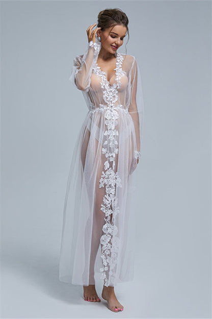 A-line V-neck Tulle Floor-length Long Sleeve Appliques Lace Wedding Dress Cover