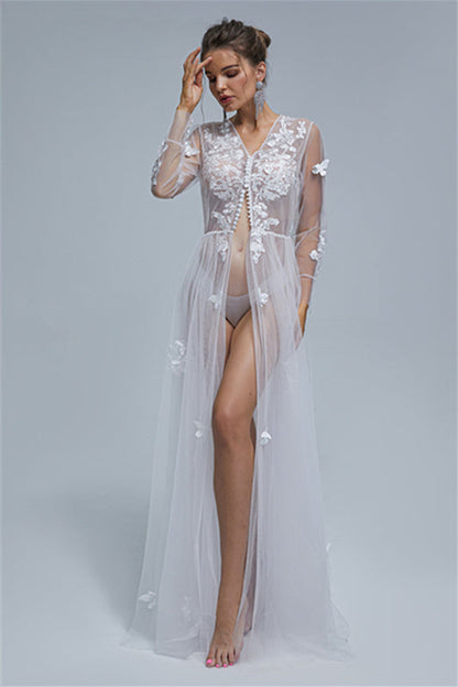 A-line V-neck Tulle Floor-length Long Sleeve Appliques Lace Wedding Dress Cover