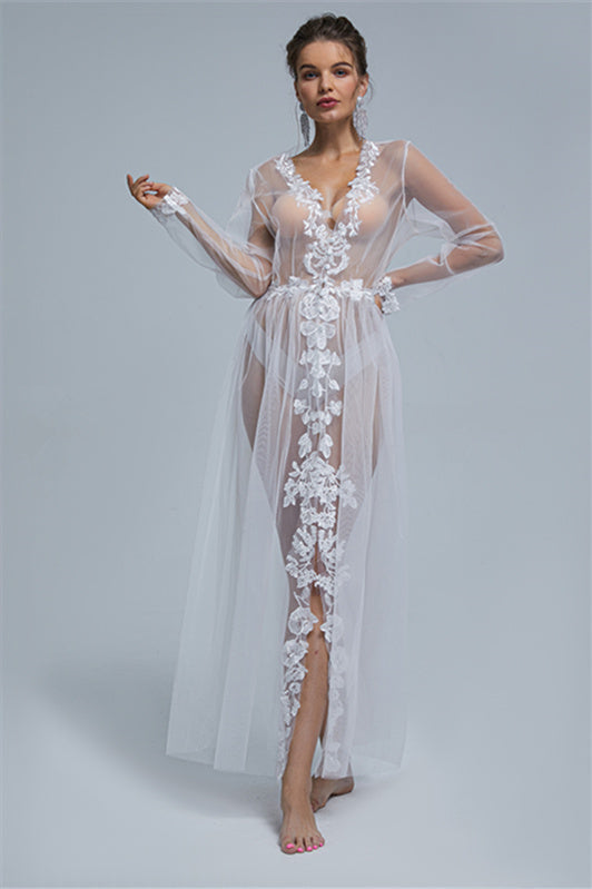 A-line V-neck Tulle Floor-length Long Sleeve Appliques Lace Wedding Dress Cover