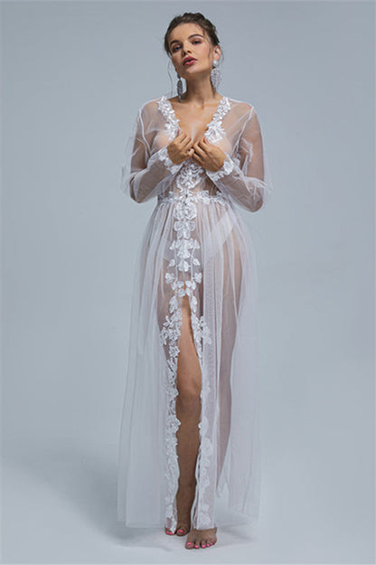 A-line V-neck Tulle Floor-length Long Sleeve Appliques Lace Wedding Dress Cover