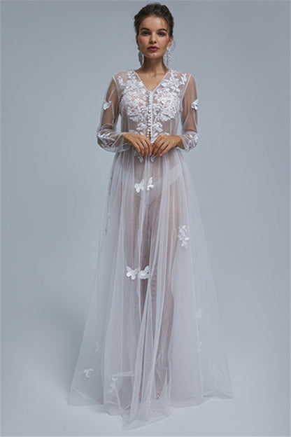 A-line V-neck Tulle Floor-length Long Sleeve Appliques Lace Wedding Dress Cover