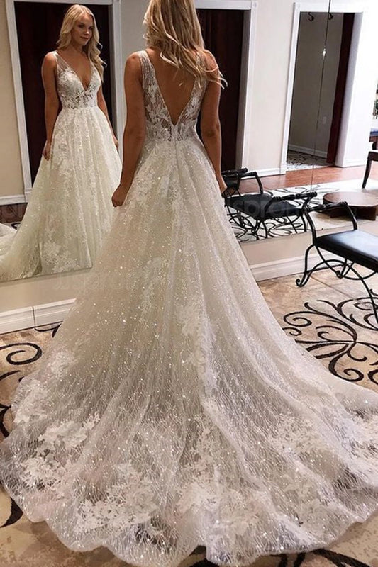 A-line V-neck Wide Strap Chapel Train Tulle Crochet Flower Wedding Dress