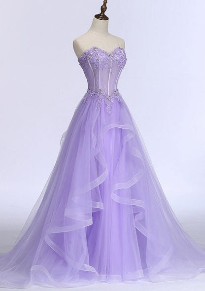 Kaitlyn | A-line Sweetheart Sleeveless Sweep Train Tulle Prom Dress With Beading Appliqued