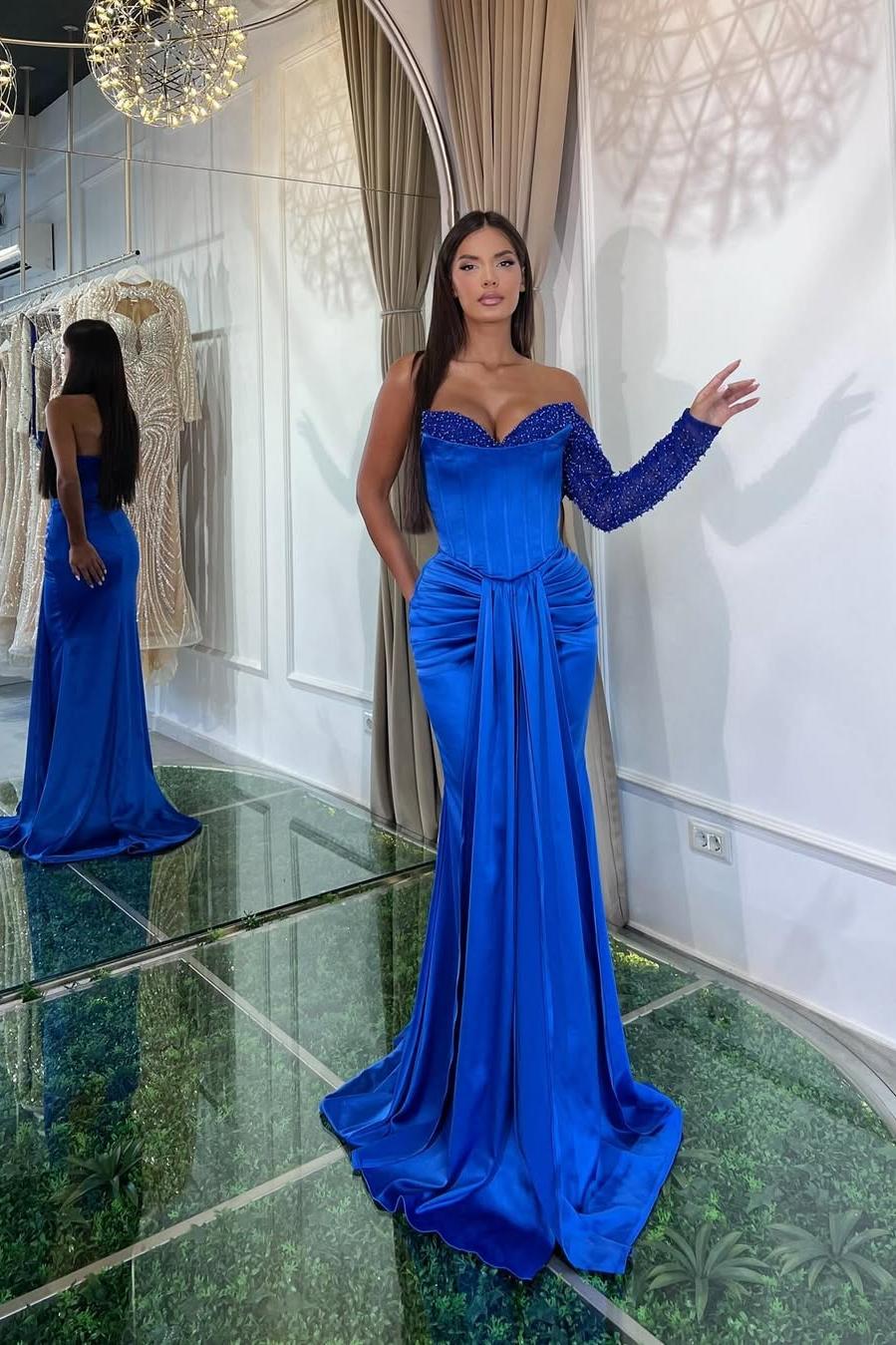 edgynewlook Amazing Royal Blue Satin One Shoulder Long Sleeves Sweetheart Mermaid Prom Dress with Beadings