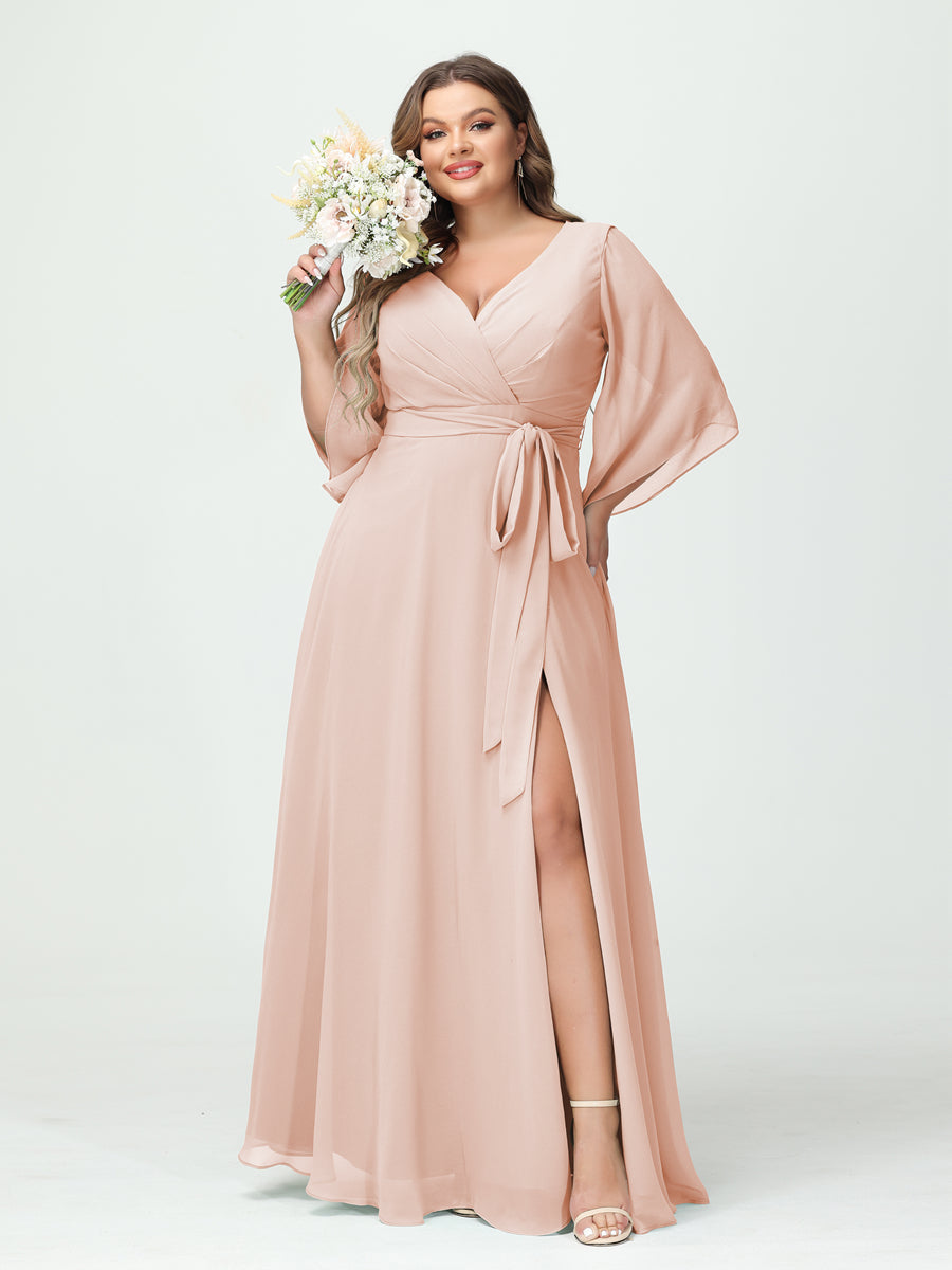 A-Line/Princess/Princess V-Neck Long Sleeves Chiffon Plus Size Bridesmaid Dresses With Pockets Belt & Split Side