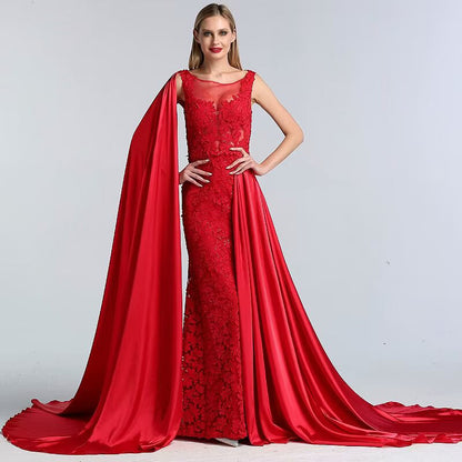 Okdais Charming Red Lace Printed Prom Dress A Line Long With Trail LM0025