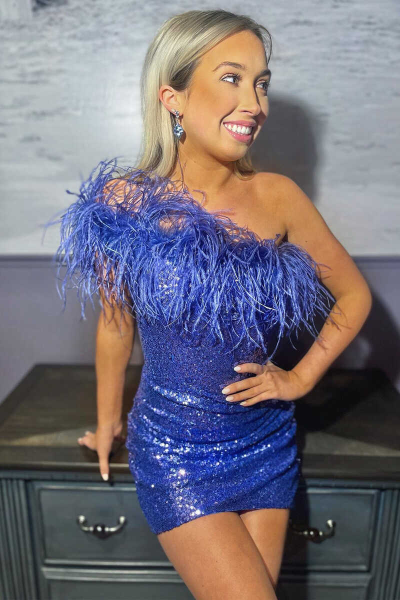 One-Shoulder Light Blue Sequins Feather Mini Homecoming Dress gh1446