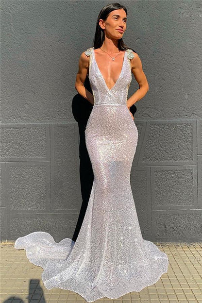 edgynewlook Deep V-Neck  Mermaid Prom Dress Open Back Sequins