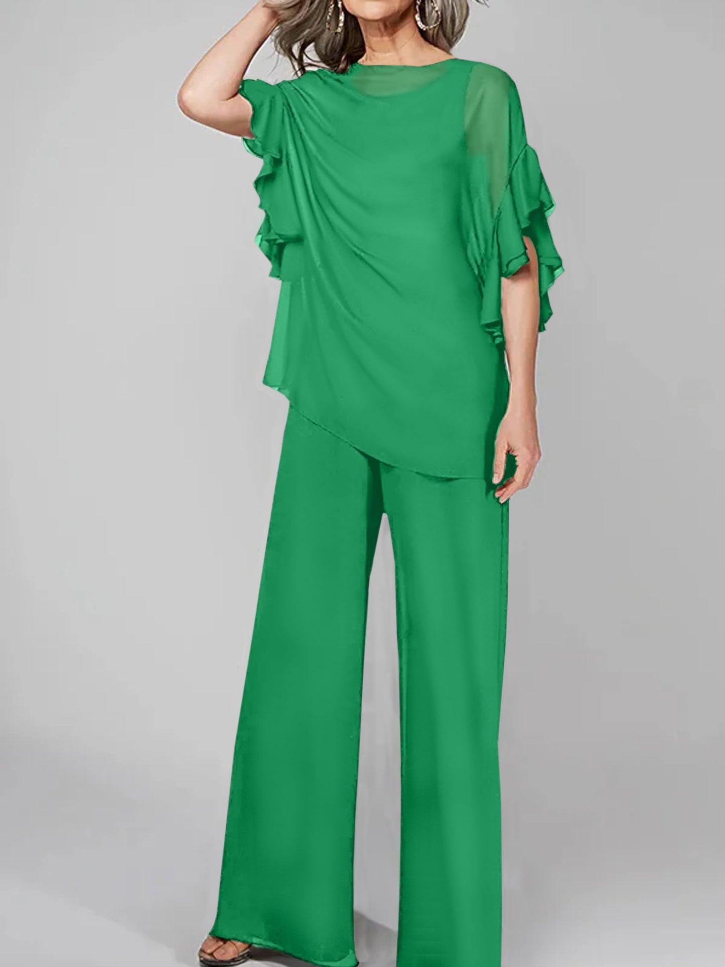 Jumpsuits Scoop Half Sleeves Chiffon Mother Of The Bride Pantsuits