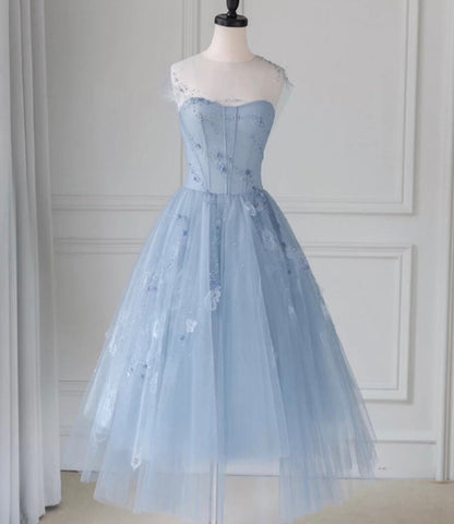 Blue tulle lace short A line prom dress party dress  8744