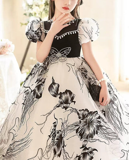 A-Line/Princess Short Sleeves Floor Length Girl Party Dresses with Rhinestones