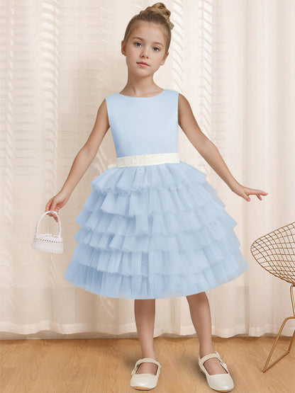 Ball-Gown Round Neck Sleeveless Knee-Length Flower Girl Dress with Ruffles & Bowknot