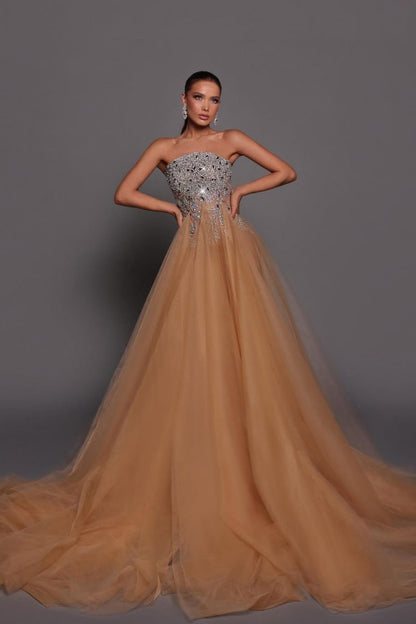 Gold Strapless Embroidery Mesh Prom Dress ZT0294