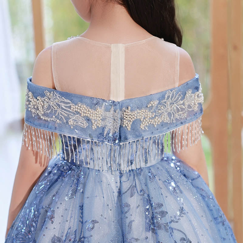 A-Line/Princess Off-the-Shoulder Girl Party Dress with Crystal Appliques & Train