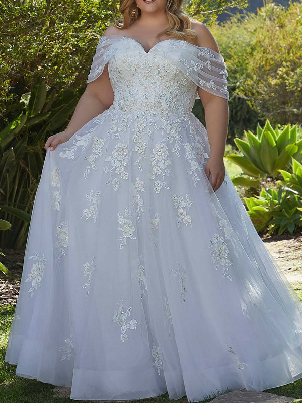 A-Line/Princess Off-the-shoulder Sleeveless Tulle Wedding Dresses Court Train With Lace