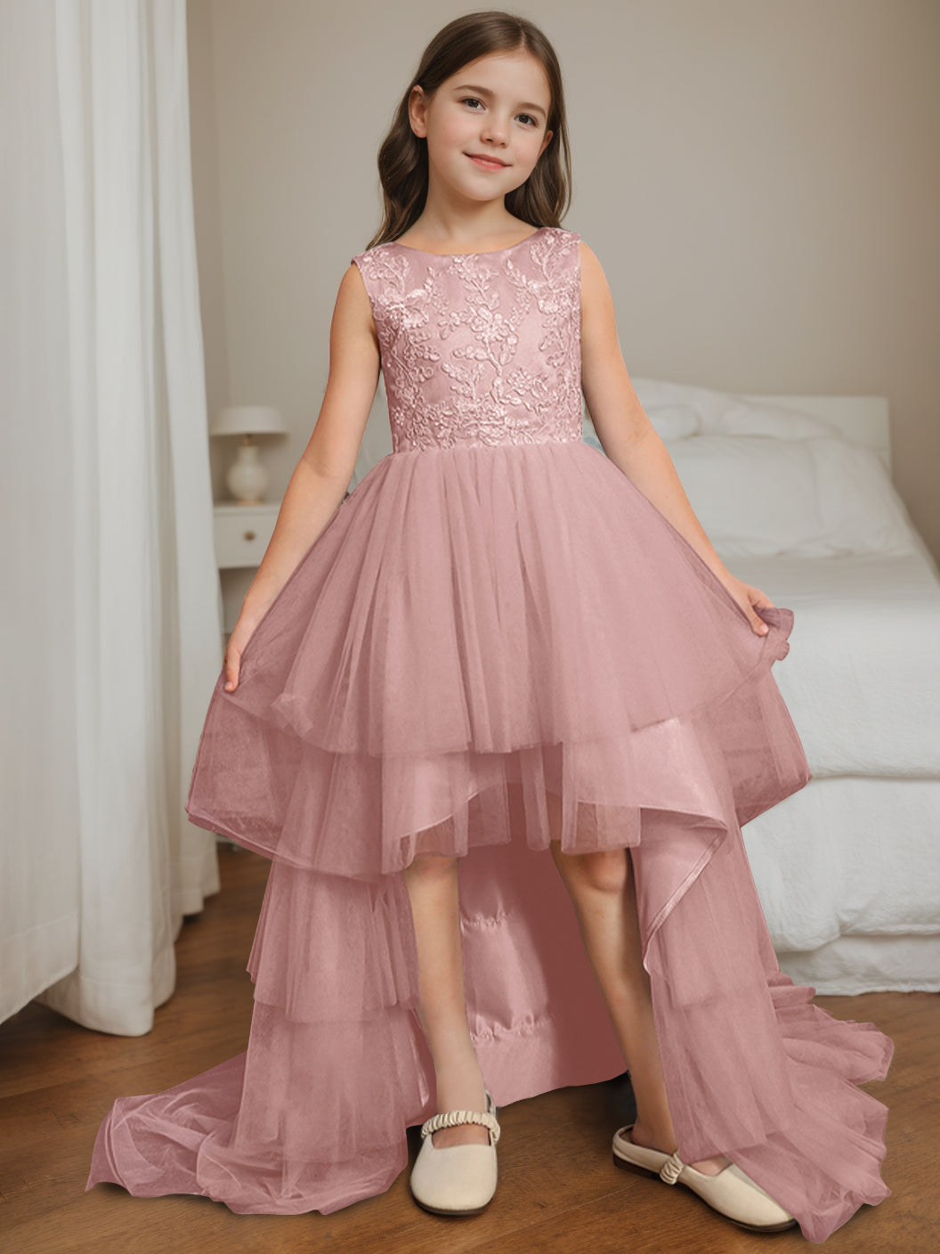 Ball-Gown Scoop Neck Sleeveless Asymmetrical Flower Girl Dress with Bowknot