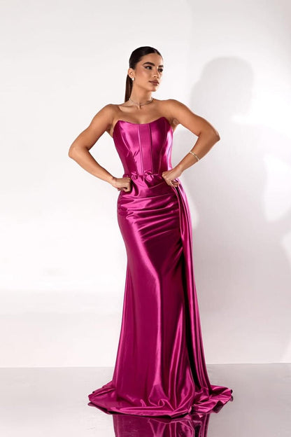 edgynewlook Beautiful Burgundy Satin Sleeveless Strapless Long Pleated Prom Dress with Split