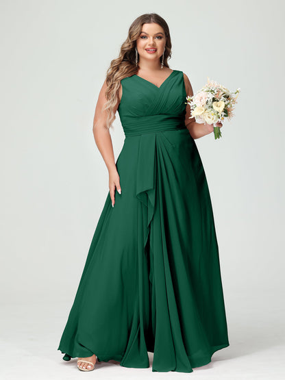 A-Line/Princess V-Neck Sleeveless Chiffon Ruffles Plus Size Bridesmaid Dresses with Pockets & Ruffles