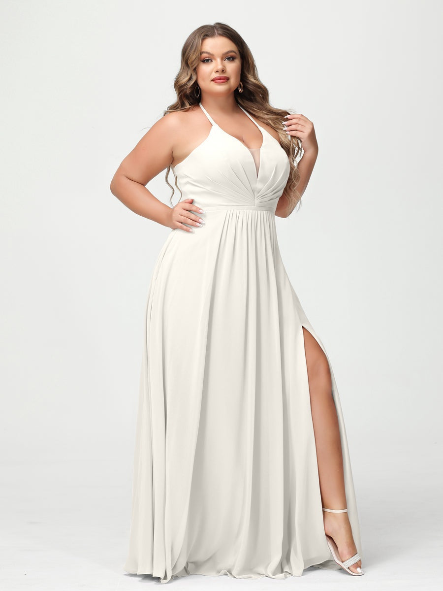 A-Line/Princess Halter Sleeveless Floor-Length Plus Size Bridesmaid Dresses with Pockets & Split Side