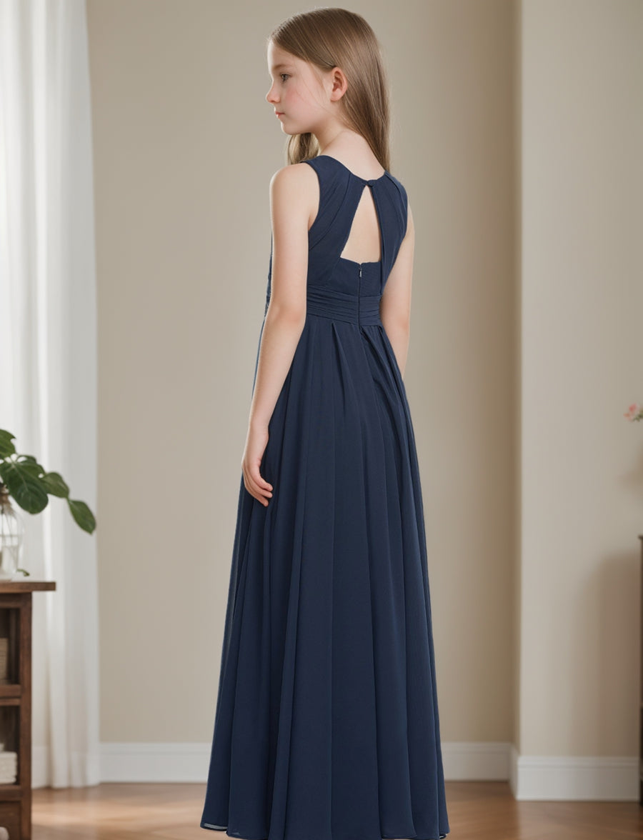 A-line/Princess Round Neck Sleeveless Junior Bridesmaid Dresses with Pleats