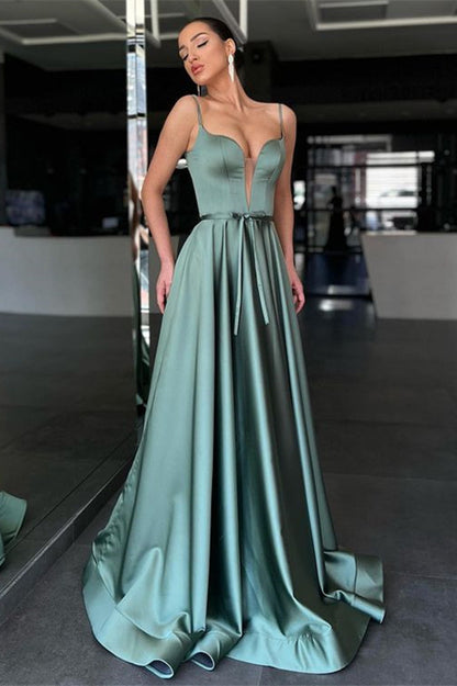 Spaghetti-Straps Long Prom Dress A Line With Belt ED0011