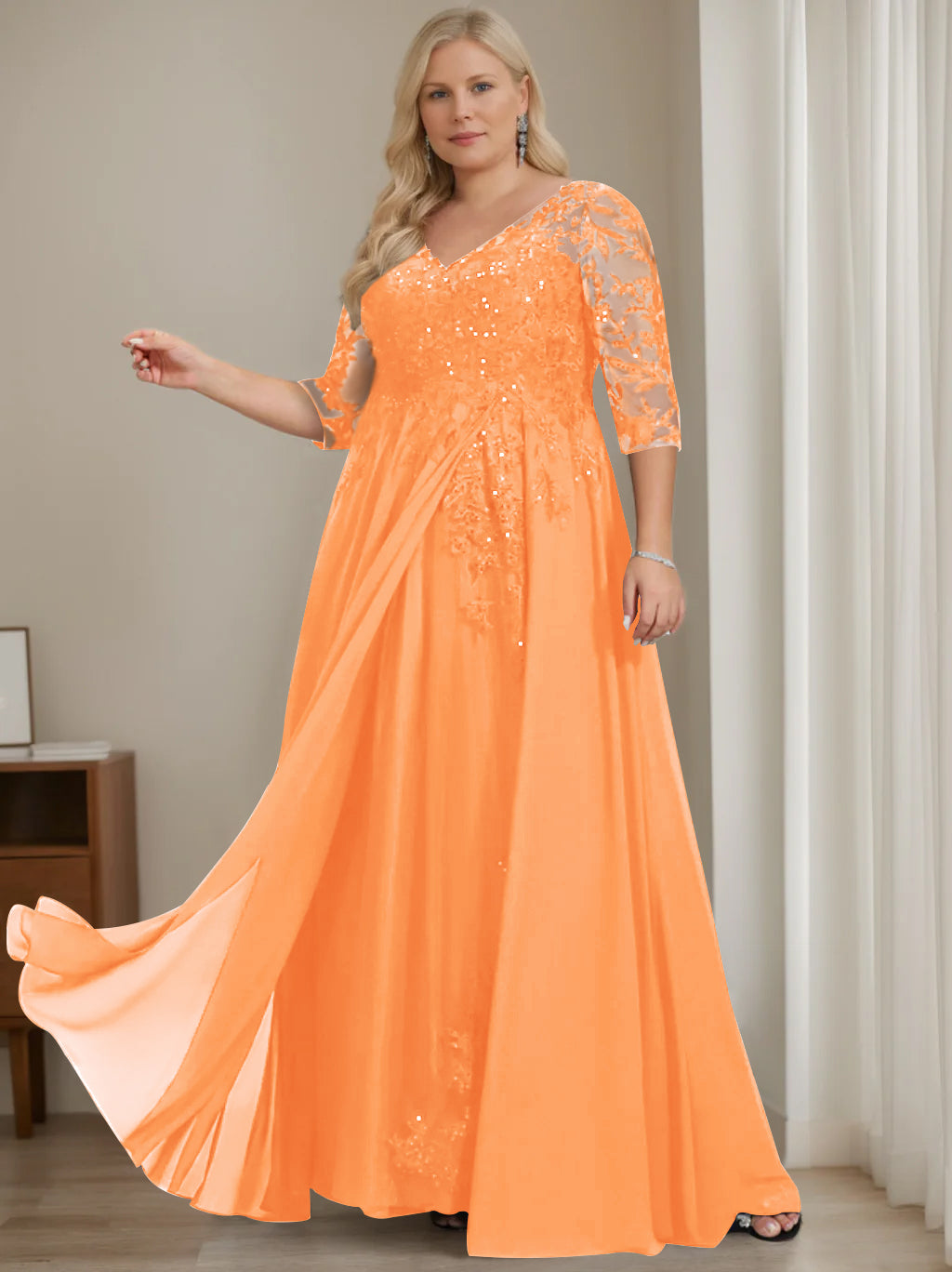 A-Line/Princess V-Neck Half Sleeves Floor-Length Plus Size Mother of the Bride Dresses with Sequins