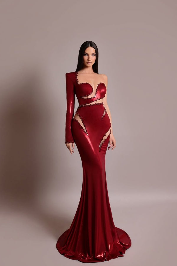 edgynewlook Red One Shoulder Long Prom Dress Mermaid with Sequins