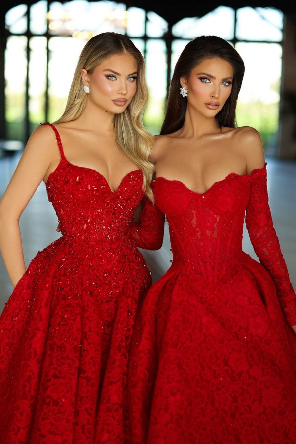 edgynewlook Red Strapless A-Line Beads Prom Dress Long Sleeves with Lace Appliques