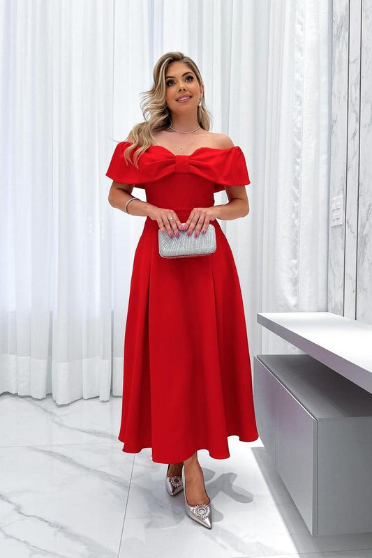 edgynewlook Stunning Red Satin Off the Shoulder Strapless A Line Prom Dress with Pleated