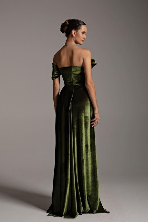 Green Velvet Bow Neckline Strapless Prom Dress ZT0304