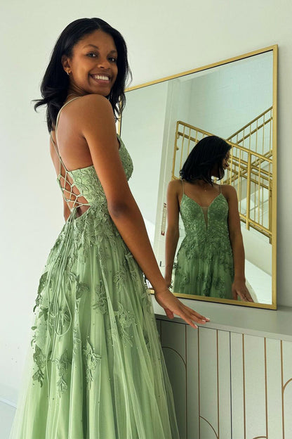 Sage Green V Neck Tulle A-Line Long Prom Dresses with Appliques