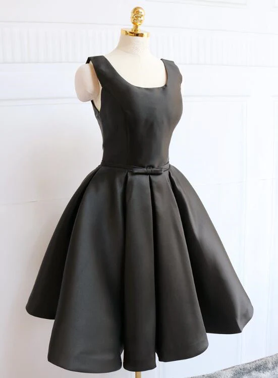 Black Satin Knee Length Party Dress Black Backless Evening Dress gh515