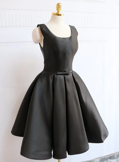 Black Satin Knee Length Party Dress Black Backless Evening Dress gh515