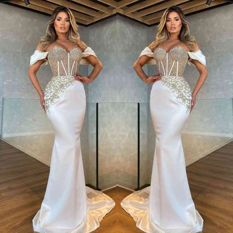 Beautiful White Off-The-Shoulder Appliques Long Mermaid Prom Dress ED0645